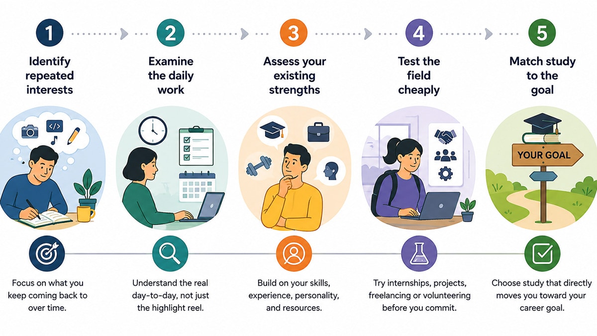 infographic showing five steps for choosing a career path, including identifying interests, examining daily work, assessing strengths, testing fields, and matching study to career goals.