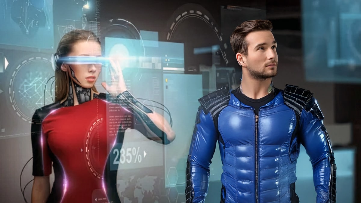 Man and woman looking into a tech future